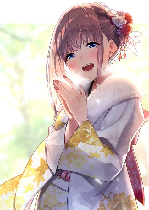 Wallpaper Kimono Brown Hair Anime Girl Smiling Happy