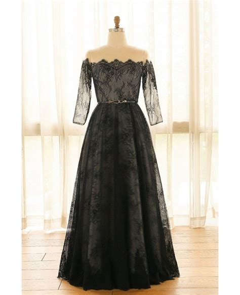 Elegant Off Shoulder Long Black Lace Plus Size Formal Occasion Dress