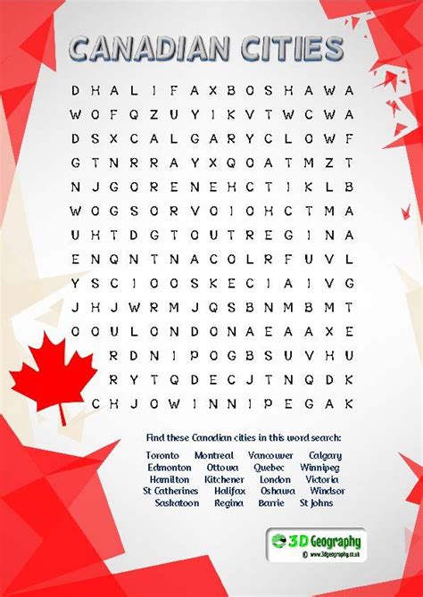 A Child Friendly Canadian Cities Word Search For Use When Teaching