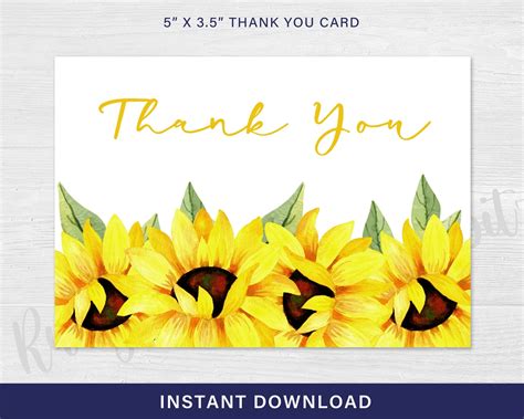 Sunflower Thank You Card And Note Editable Sunflower Thank Etsy