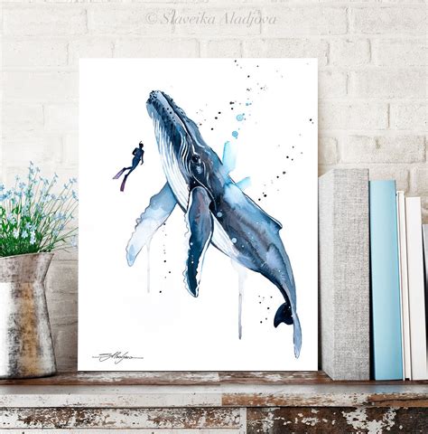 Freediver With Humpback Whale Watercolor Painting Print By Slaveika