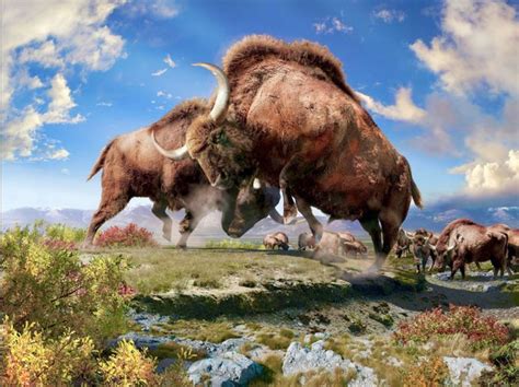 Battle Between Two Prehistoric Steppe Bison Bulls Bison Priscus