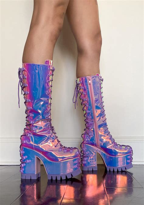 Sugar Thrillz Iridescent Platform Lace Up Boots Pink Blue Dolls Kill