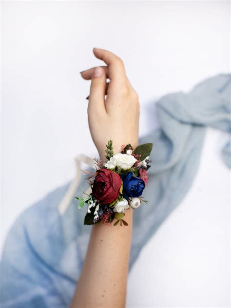 Navy Blue Floral Corsage Bridesmaid Wrist Corsage Red Flower Etsy