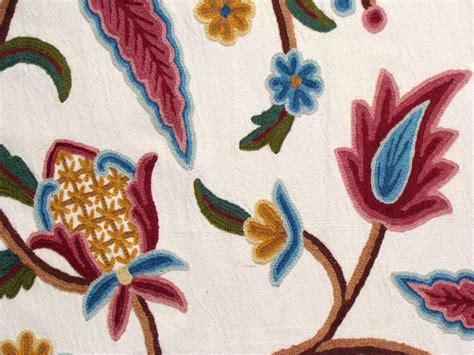 Crewel Fabric Hand Embroidered Kashmir Wool On Cotton Upholstery And
