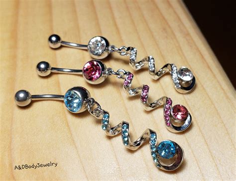 Coiled Cubic Zirconia Dangling Navel Ring Etsy Belly Piercing
