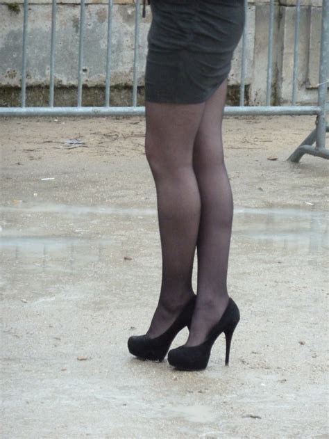 Short Black Skirt Black Stockings And Your Basic Black Heelgreat
