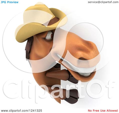 Clipart Of A 3d Horse Wearing A Cowboy Hat Around A Sign