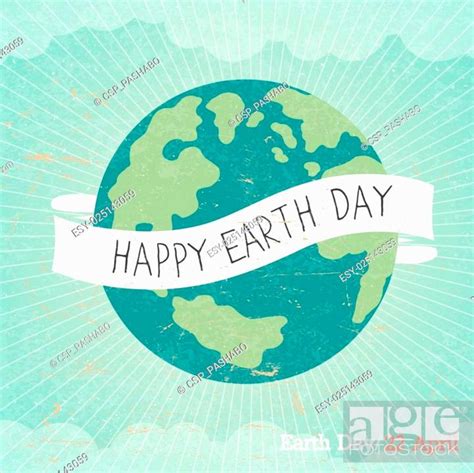 Vintage Earth Day Poster Cartoon Earth Illustration Rays Clouds Sky