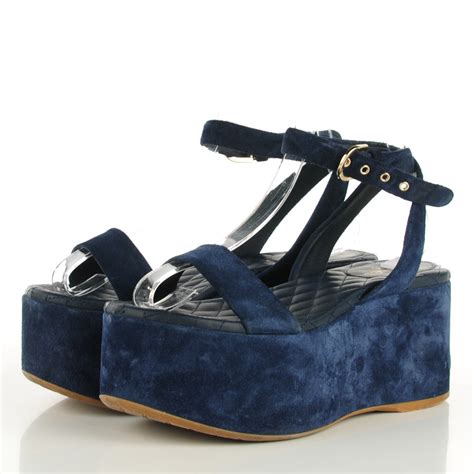Chanel Suede Calfskin Platform Wedge Sandals 37 Blue 123444