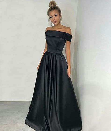 Custom Made Off Shoulder Black Satin Long Prom Dresses Black Long Eve