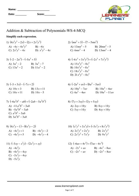 Algebraic Expressions Worksheets With Answers Pdf