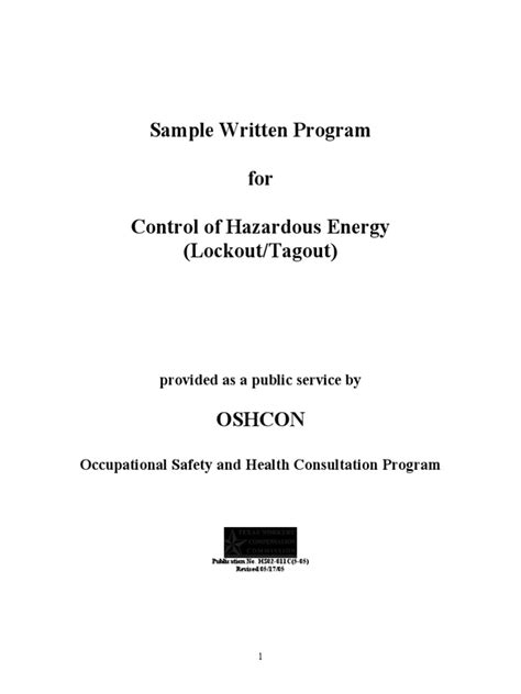 Sample Written Program For Control Of Hazardous Energy Lockouttagout