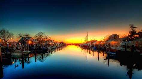 Hdr Sunset Harbor Boats Reflection Hd Wallpaper Nature And Landscape