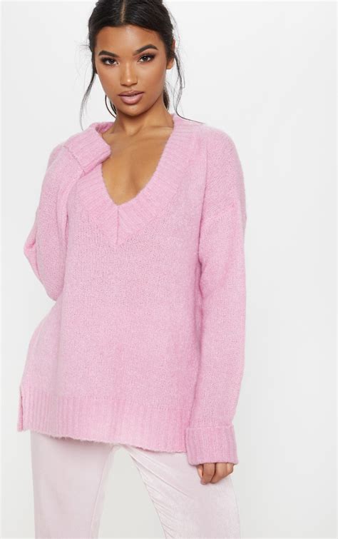 Pink Wool Oversized V Neck Jumper Knitwear Prettylittlething Ksa