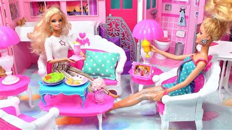 barbie doll house princess bedroom pink bathroom barbie dolls morning routine bath breakfast