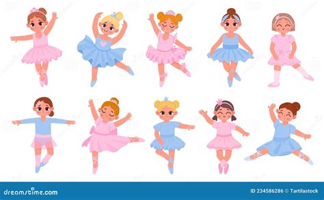 Cartoon Ballerina Princesses Cute Girls Dancers Characters Girl In Tutu Dress And Crown Stock
