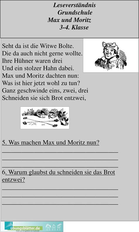 Die materialien wurden in einer leistungsstarken 2. Leseverständnis Grundschule Max Und Moritz 3-4. Klasse ...