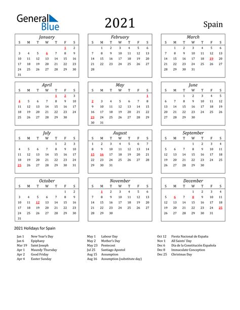 2021 Spain Calendar With Holidays