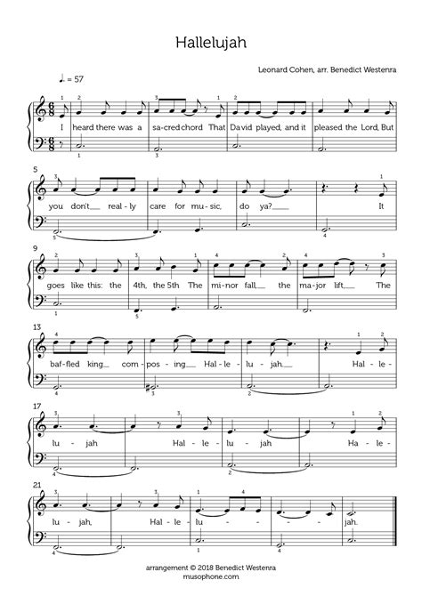 Leonard Cohen Hallelujah Sheet Music Easy Piano In C Major Transposable Download Print