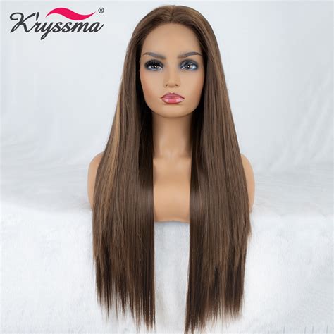 Brown Wig Long Straight Synthetic Lace Front Wig Highlights Wigs For Women 24 Inches Right Part