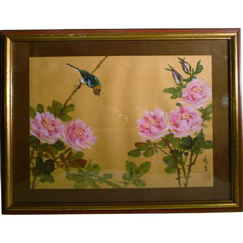 Japanese Painting On Silk Art Bird With Flowers Signed Artgate
