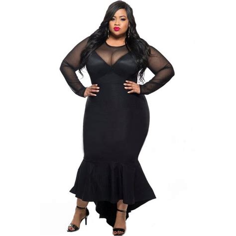 Cfanny 2016 Autumn Dress Plus Size Women Black Sheer Mesh Lace Mermaid