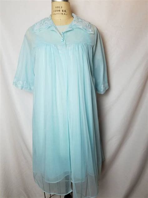 60s Nightgown Set M Light Blue Chiffon Nightie And Gem