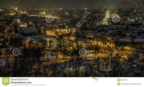 Vilnius Old Town Panorama At Night Stock Image Image Of Landmark