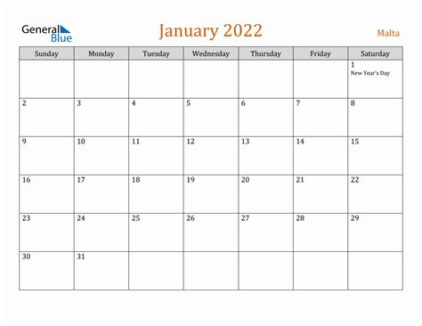 Free January 2022 Malta Calendar