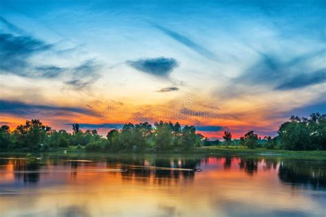 Beautiful Sunset Above A Big River Stock Photo Image Of Reflection