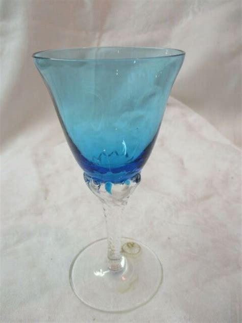 Vintage Crystal Wine Sherry Glass Blue With Clear Twisted Stem Marked