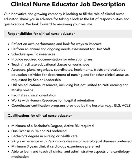Clinical Nurse Educator Job Description Velvet Jobs
