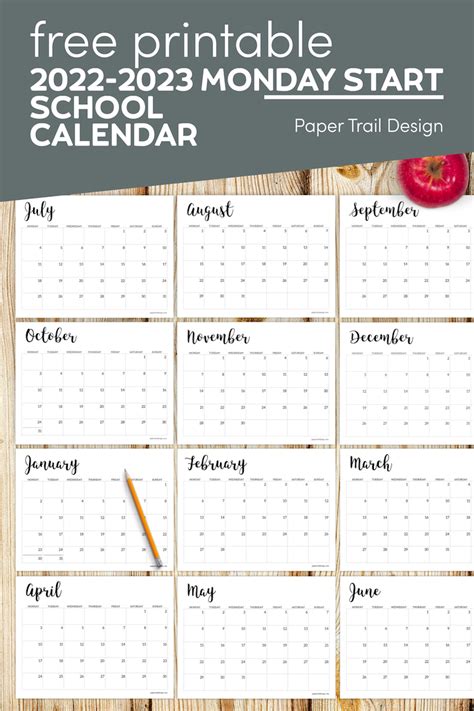 2022 2023 Printable School Calendar Paper Trail Design