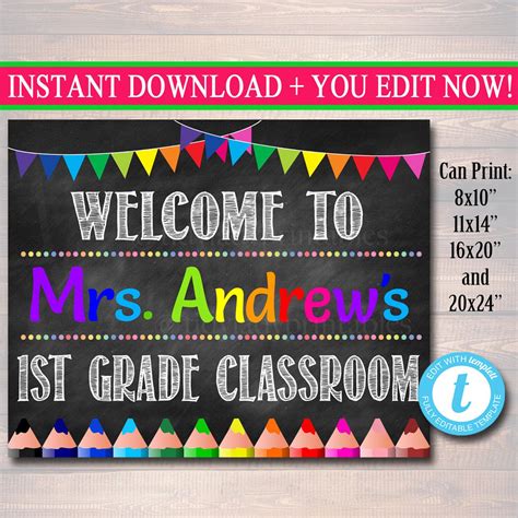 Welcome To Mrs Andrews 1st Grade Classroom Sign With Bunting On The Chalkboard
