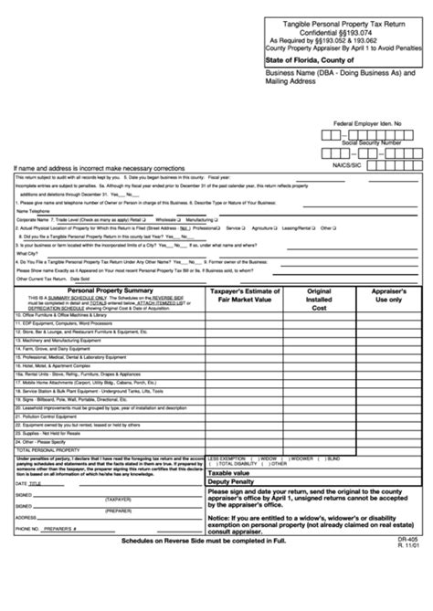 Form Dr 405 Tangible Personal Property Tax Return 2001 Printable Pdf