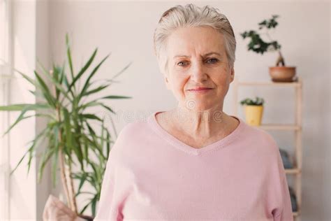 Smiling Middle Aged Mature Grey Haired Woman Looking At Camera Stock Image Image Of Harmony