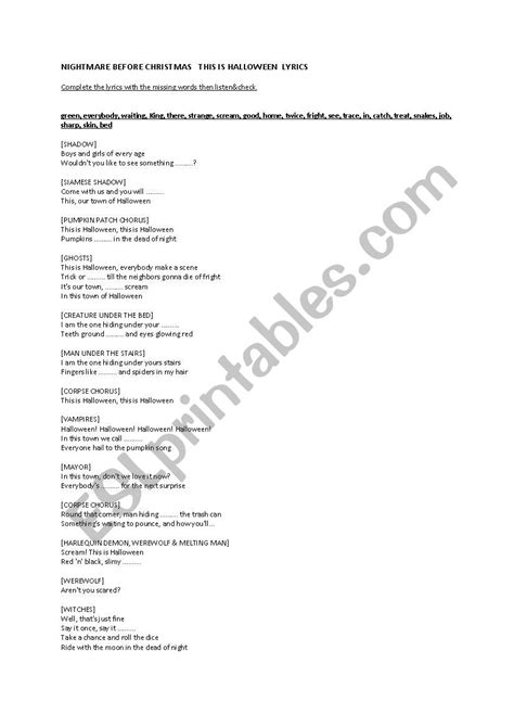 This Is Halloween This Is Halloween Song Lyrics - This is Halloween Lyrics Nightmare Before Christmas - ESL worksheet by