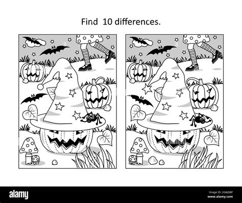 Halloween Find 10 Differences Visual Puzzle And Coloring Page With