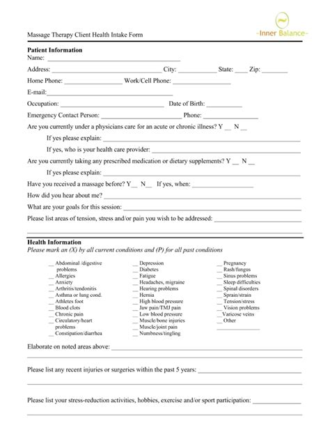 Inner Balance Massage Therapy Client Health Intake Form Fill And Sign