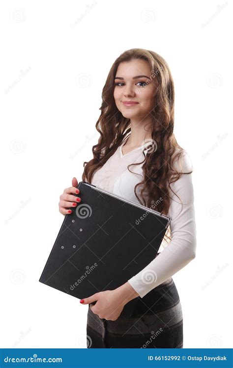 Full Body Portrait Of Happy Smiling Business Woman With Black Folder