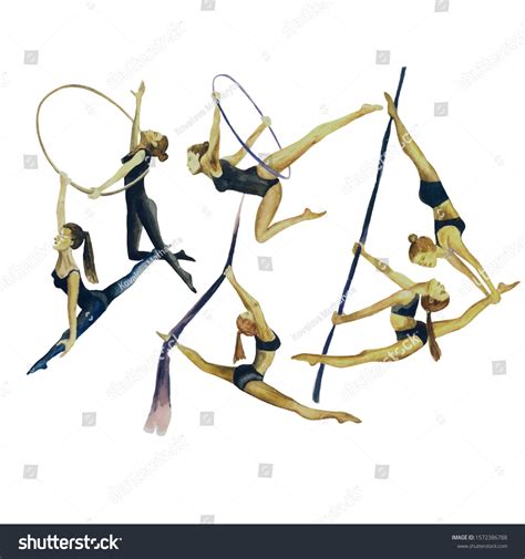 Girls Gymnasts Circus Acrobats Set Watercolor Stock Illustration