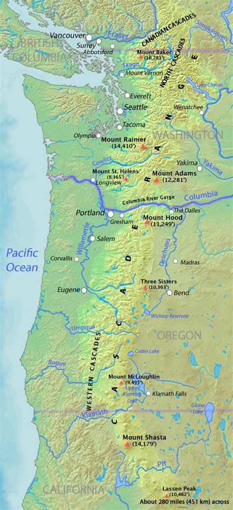 Map Of The Cascade Range Showing Major Volcanic Peaks Cascade Range