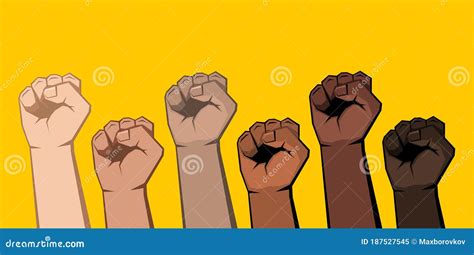 Pop Art Raised Clenched Fists On Yellow Background Vector Illustration