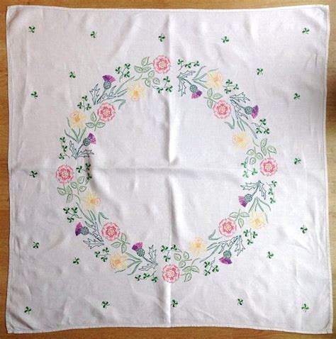 Vintage Hand Embroidered Linen Tablecloth Roses Shamrocks Modern