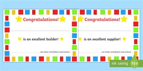 I've started a lego club so thought i&'d share the certificate i made for it. Building Bricks Therapy Certificates - rewards, reward, build | Lego therapy, Therapy, Childrens ...