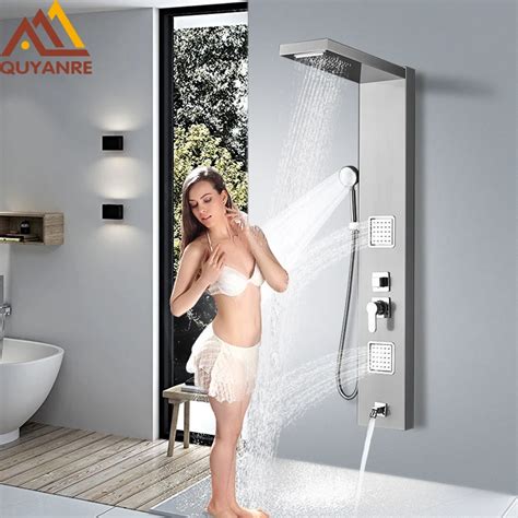 Quyanre Ru Shipment Bath Shower Panel Column Waterfall Rain Shower Head 5 Way Mixer Tap Massage