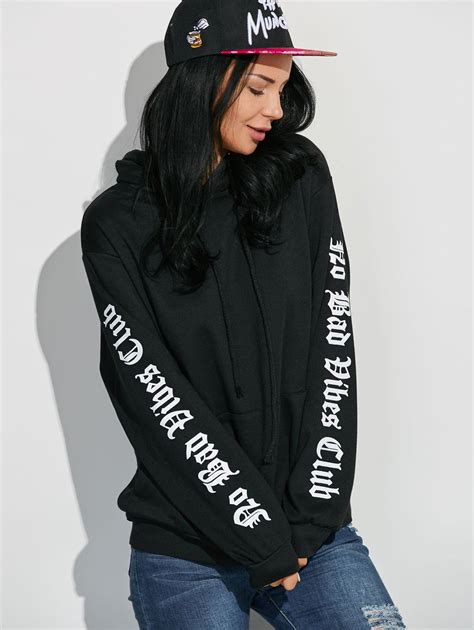 34 Off 2021 Letter Graphic Sleeve Pullover Hoodie In Black Zaful