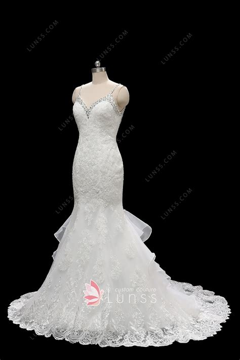 Luxury Beaded V Neckline Ivory Lace Mermaid Wedding Dress Lunss