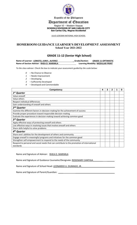 Homeroom Guidance Learners Development Assessment Grade 11 12